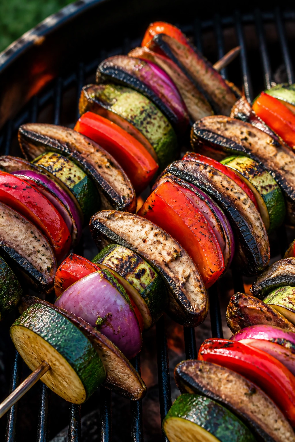 Portobello and pepper skewers with cumin-lime on a grill