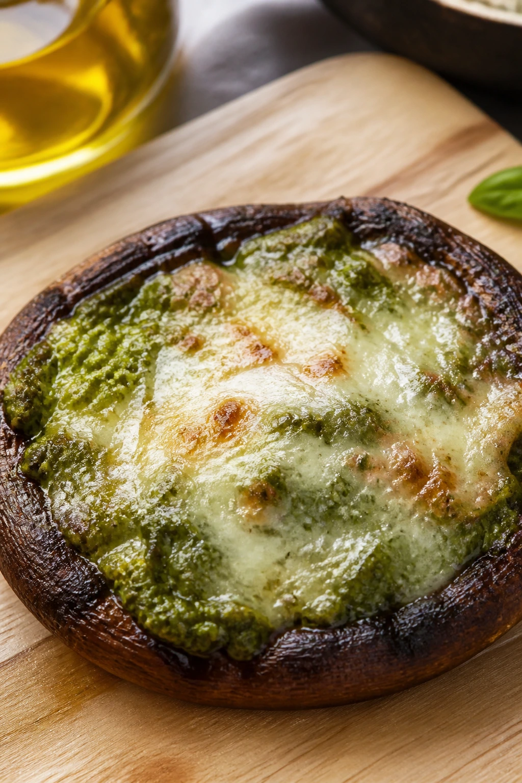 Portobello mushroom cap topped with pesto