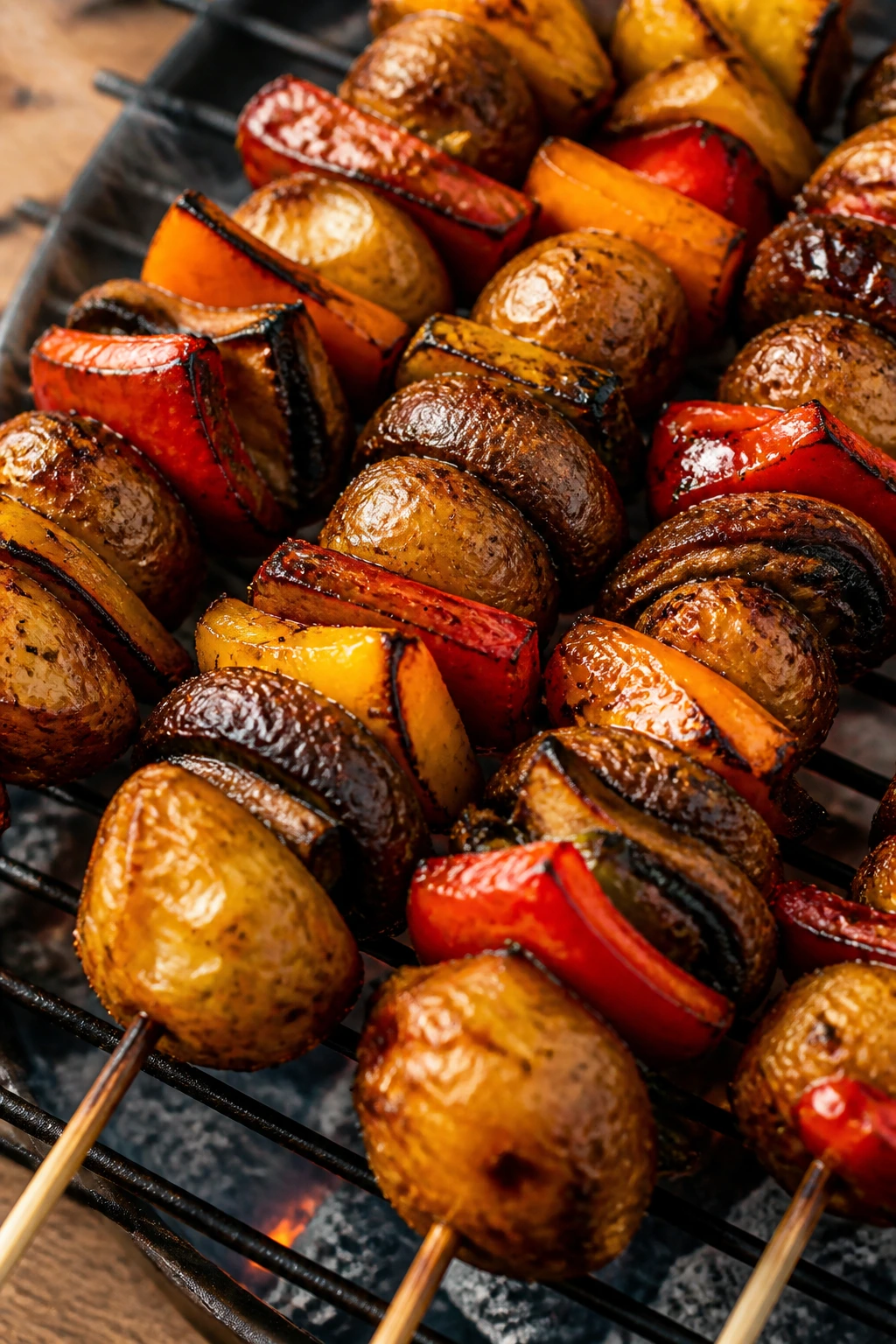 Skewers with portobello mushrooms, potatoes, and peppers on a grill