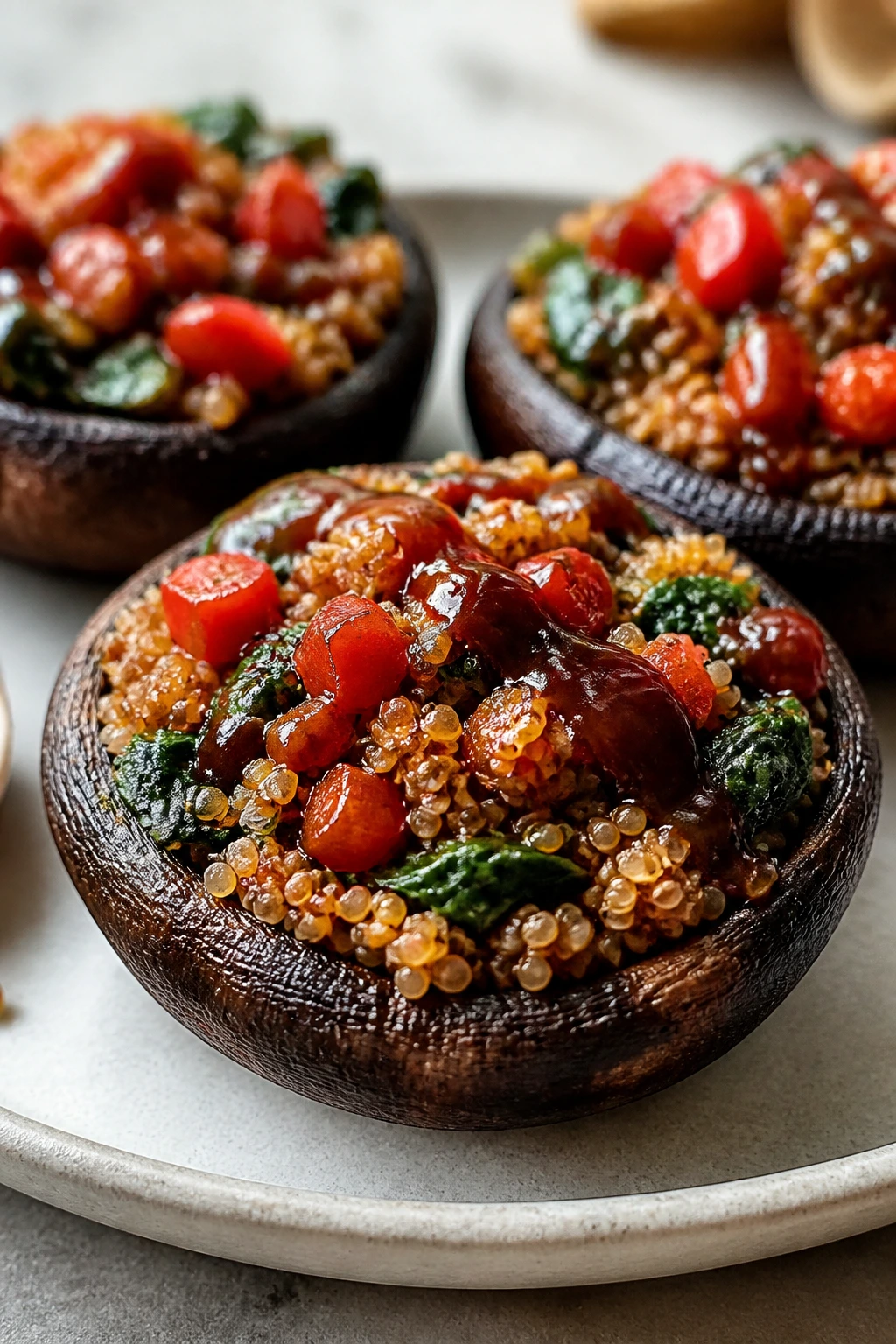 Close-up of stuffed portobello caps with quinoa filling on a plate