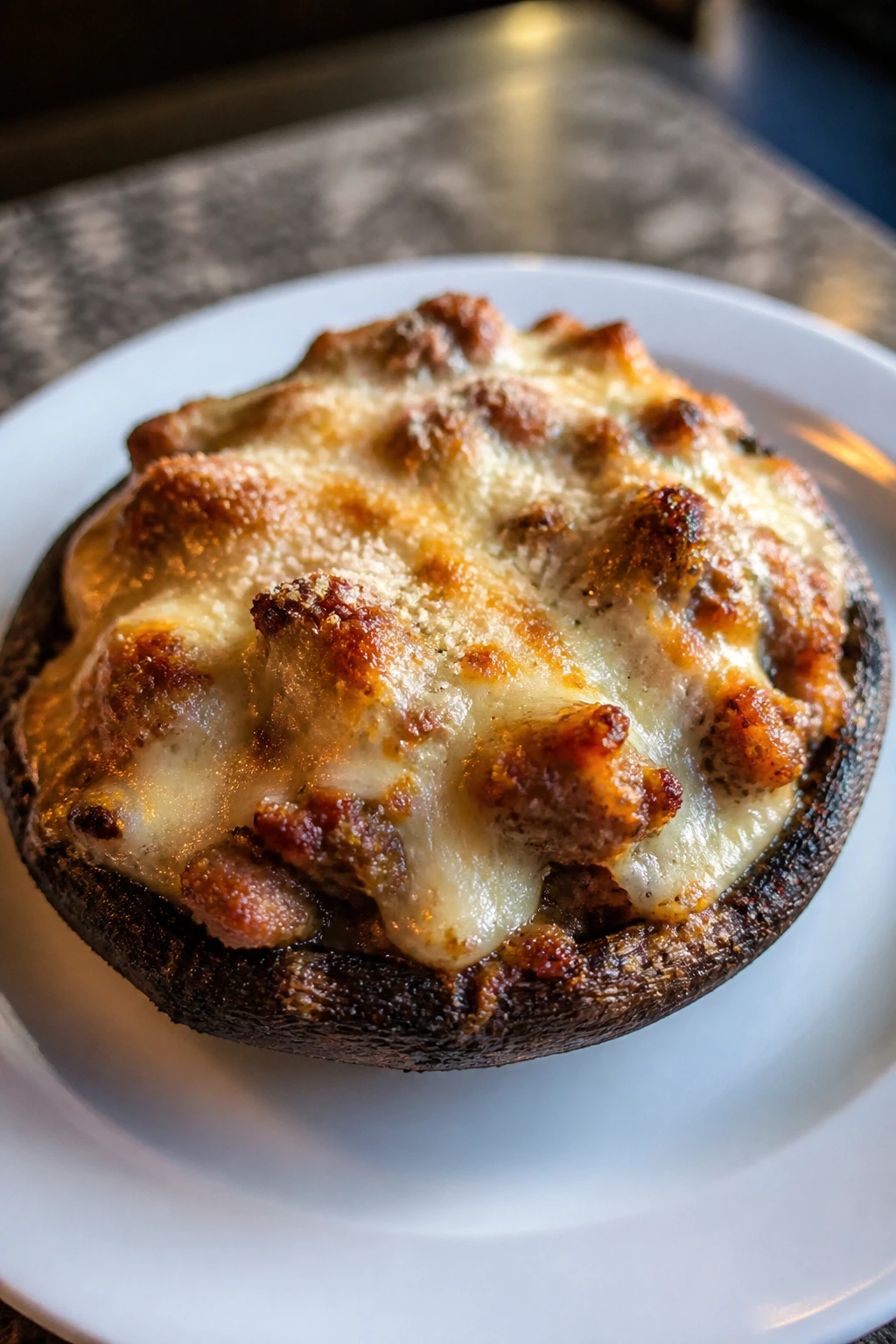 Sausage-stuffed portobello cap on a plate