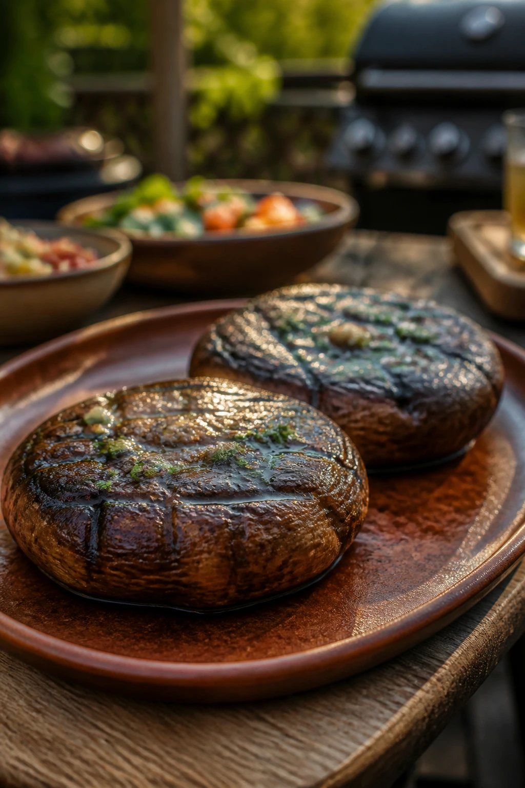 Portobello caps served whole on a warmed platter outdoors