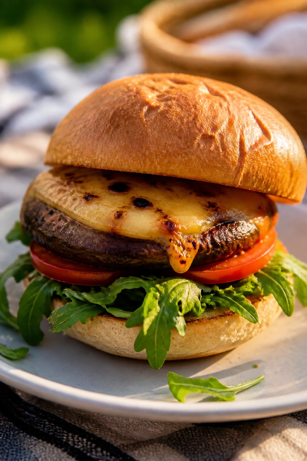 Portobello burger with smoked cheese on bun