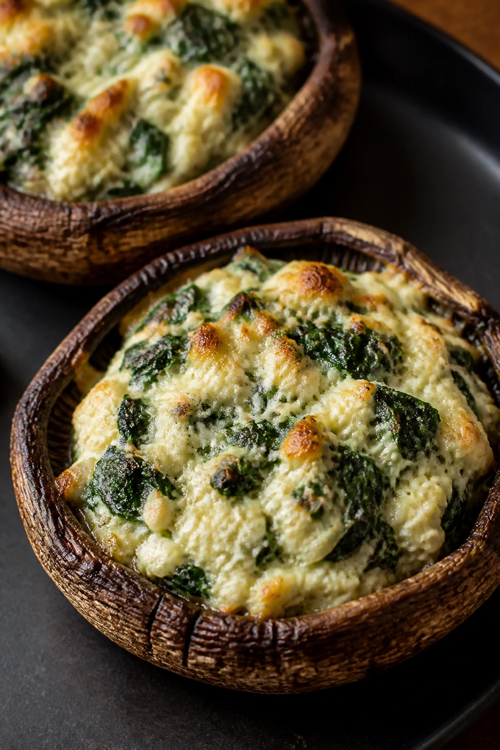 Portobello mushrooms stuffed with spinach ricotta filling