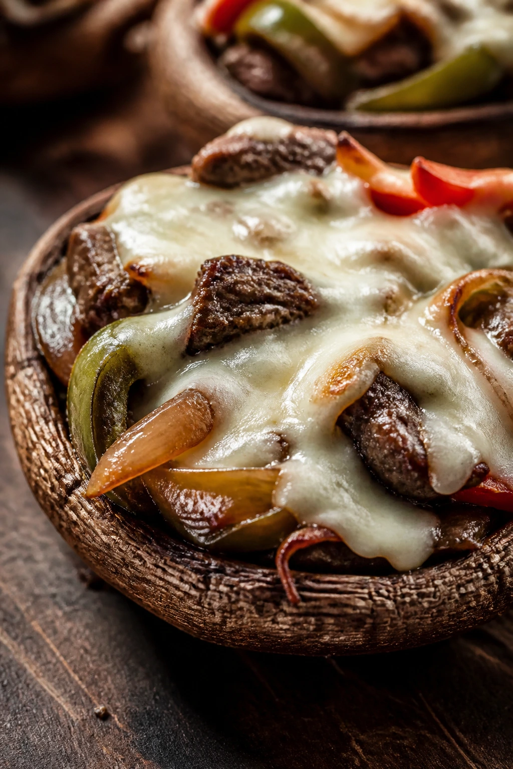 Close-up of stuffed portobello mushroom with steak and cheese