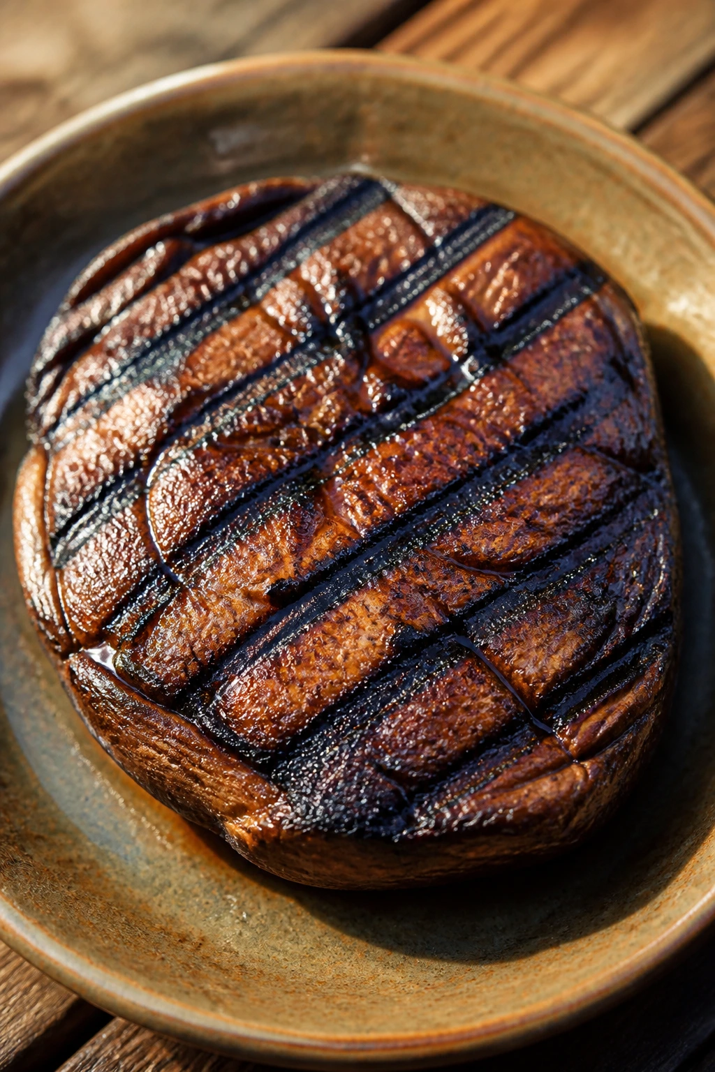 Close-up of a marinated grilled portobello steak with grill marks