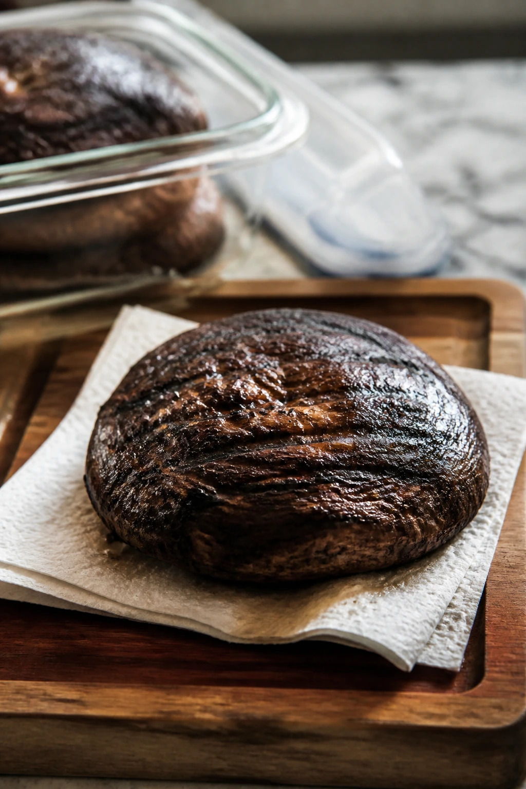 Portobello cap resting on cutting board in kitchen storage scene