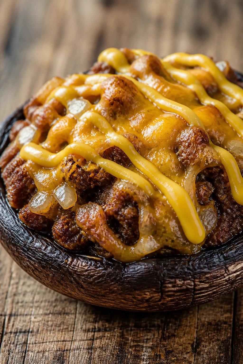 Close-up of a stuffed portobello mushroom cap with beef and cheese