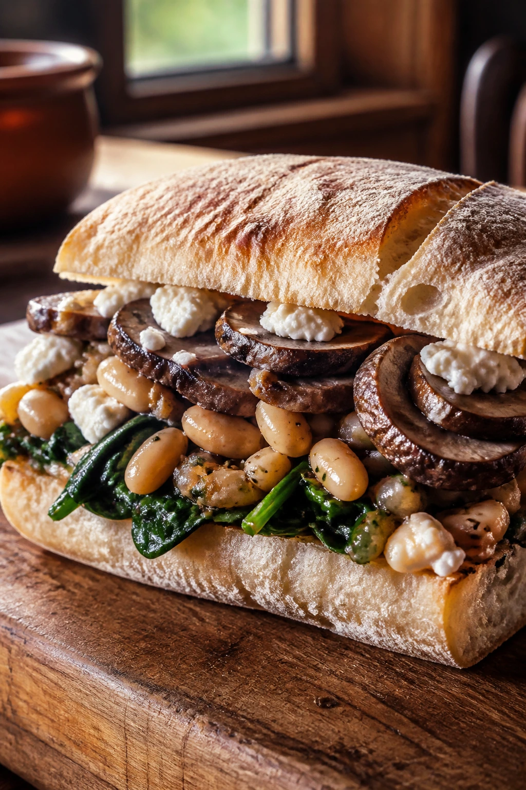 Close-up of Portobello and White Bean Sandwich on ciabatta with spinach and goat cheese