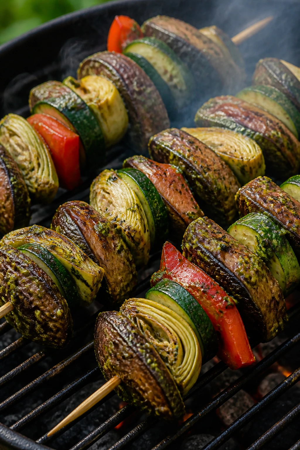 Close-up of pesto-coated portobello, zucchini, and artichoke skewers on a grill