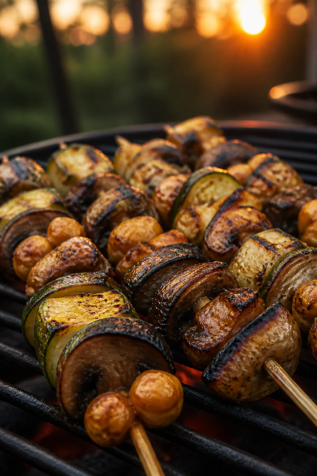 Close-up of portobello, zucchini, and chickpea skewers grilling with smoky edges in a backyard setting