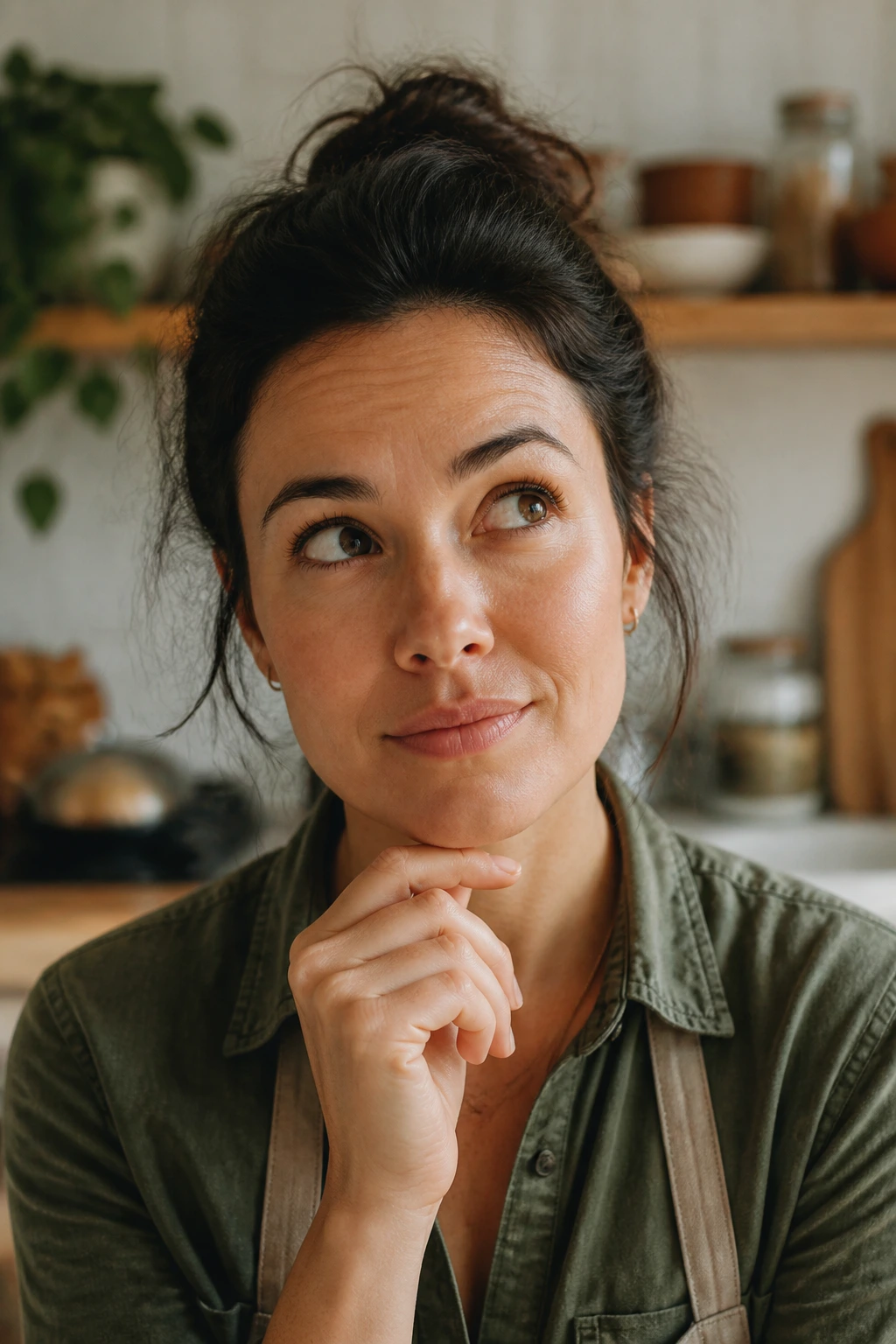 Close-up portrait of person in cozy kitchen, thoughtful expression