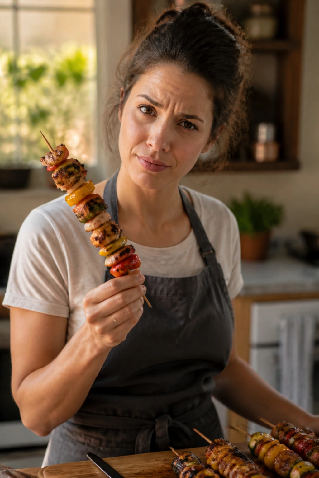 Portrait of a real person in a warm kitchen holding a skewer with a curious expression