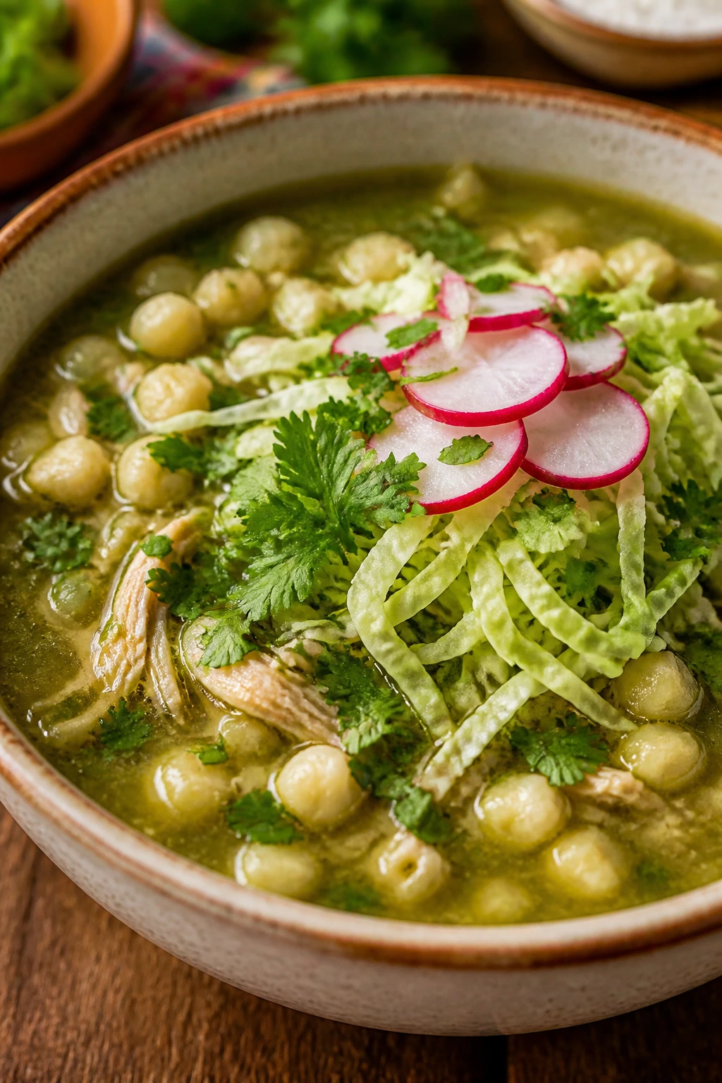 Green posole verde soup with hominy and chicken in a rustic bowl with toppings.