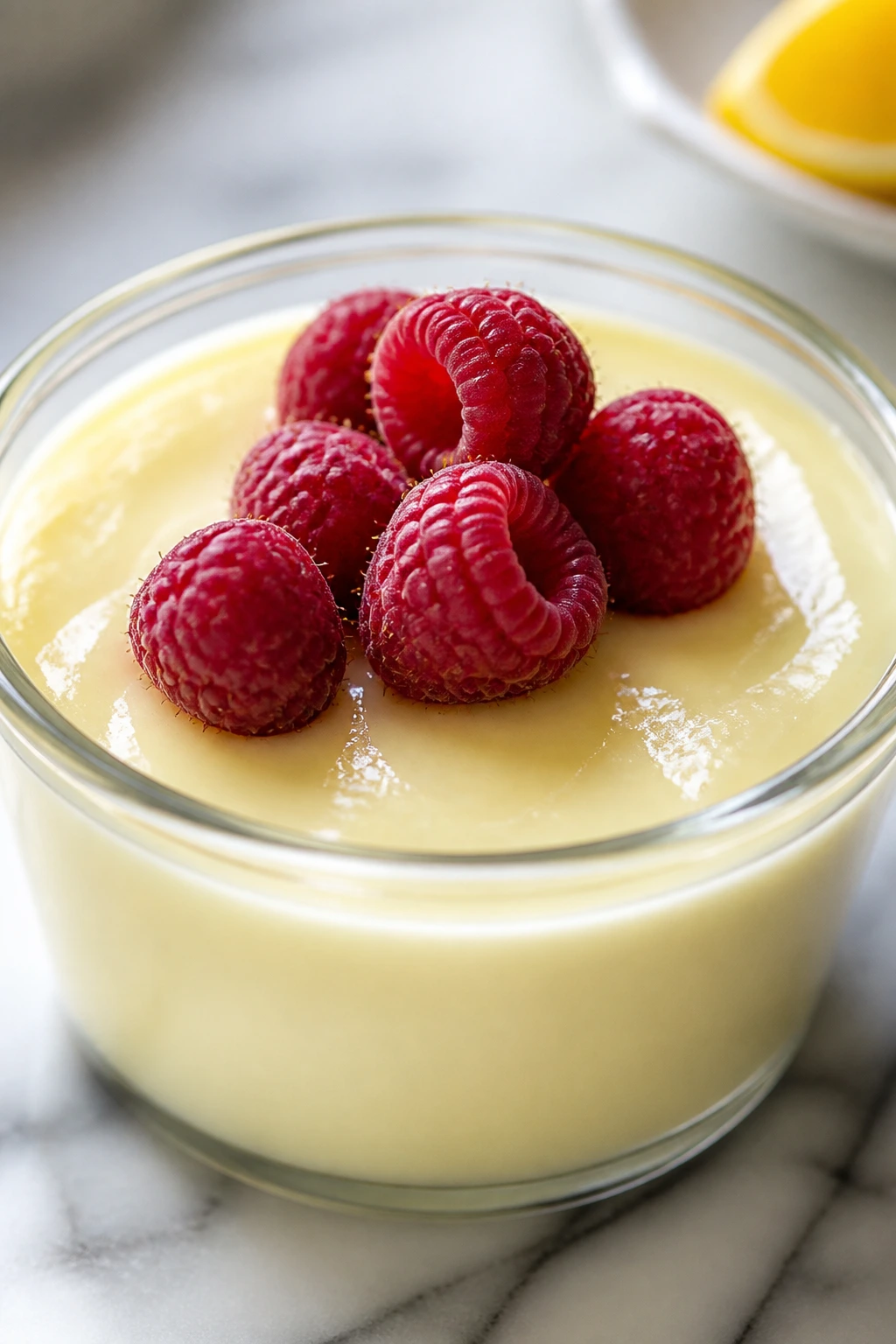 Lemon posset cup with raspberries on a light surface.
