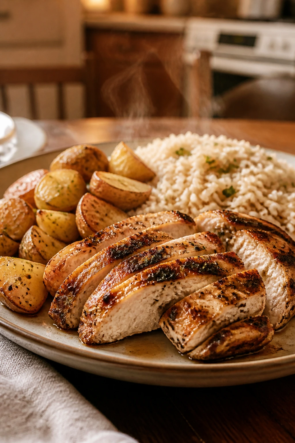 Steaming post-workout chicken plate with potatoes and rice on a table