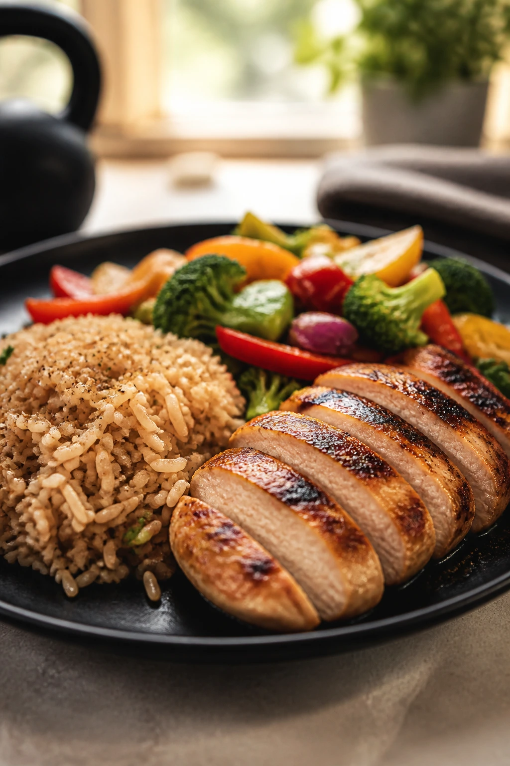 Balanced post-workout dinner plate with protein, carbs, and vegetables
