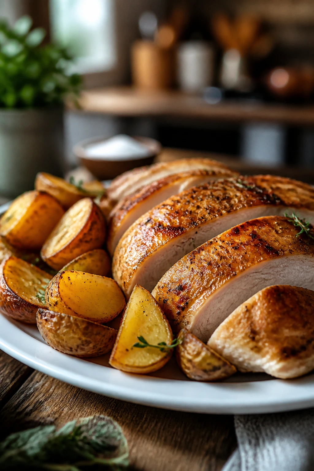 Plate of roast chicken and potatoes on a rustic wooden table