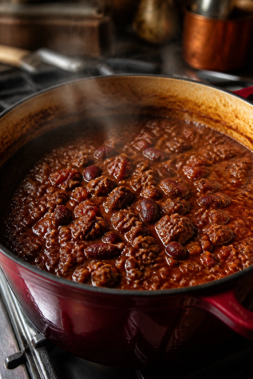 Close-up of a thick glossy chili in a Dutch oven on a stove