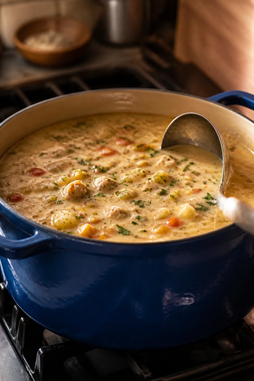 Large pot of chowder on stove ready to serve for a crowd