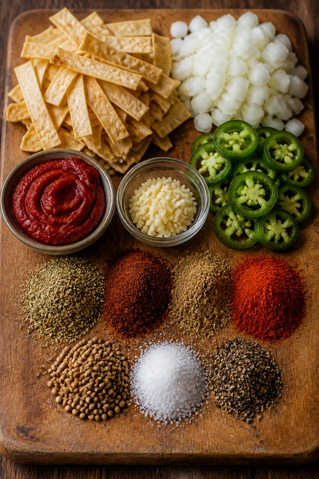 Top-down view of raw enchilada soup ingredients on a cutting board