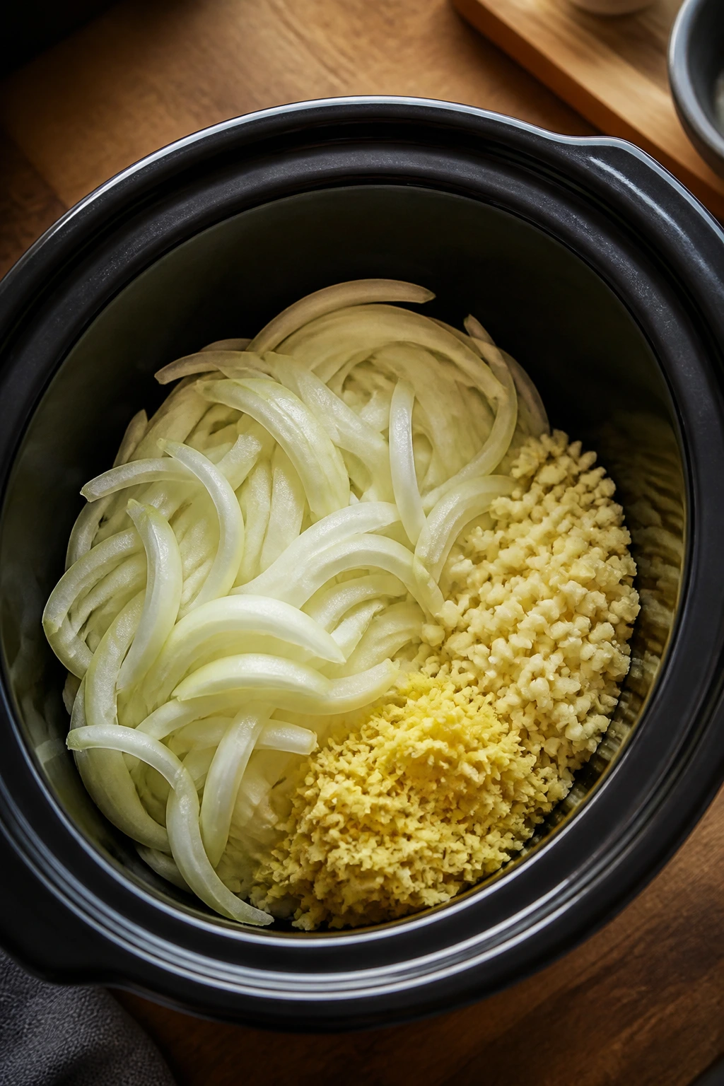 Top-down view inside pot with onion slices, garlic, and ginger