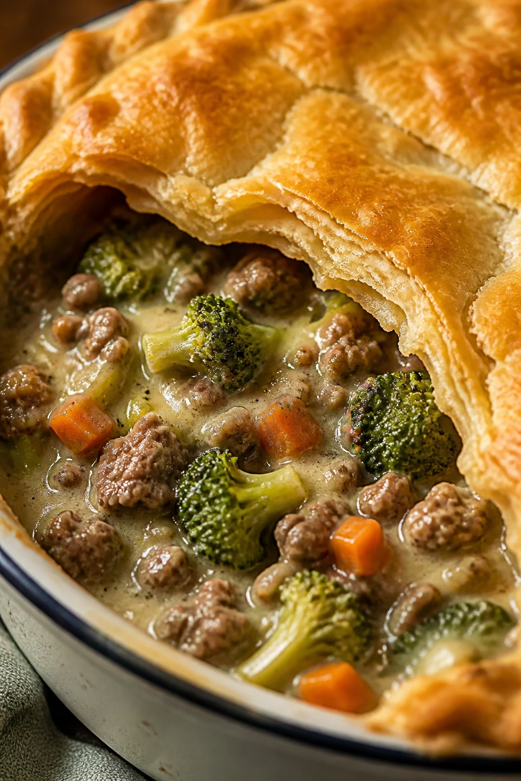 Close-up of hamburger broccoli pot pie filling under a flaky crust