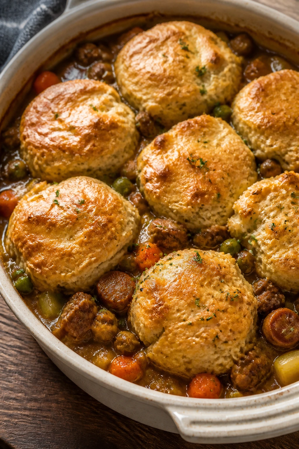 Close-up of a pot pie with a golden biscuit top and beef-sausage filling