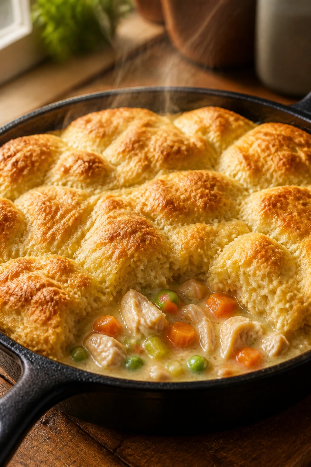 Close-up of a chicken pot pie with a golden biscuit top in a cast-iron skillet.