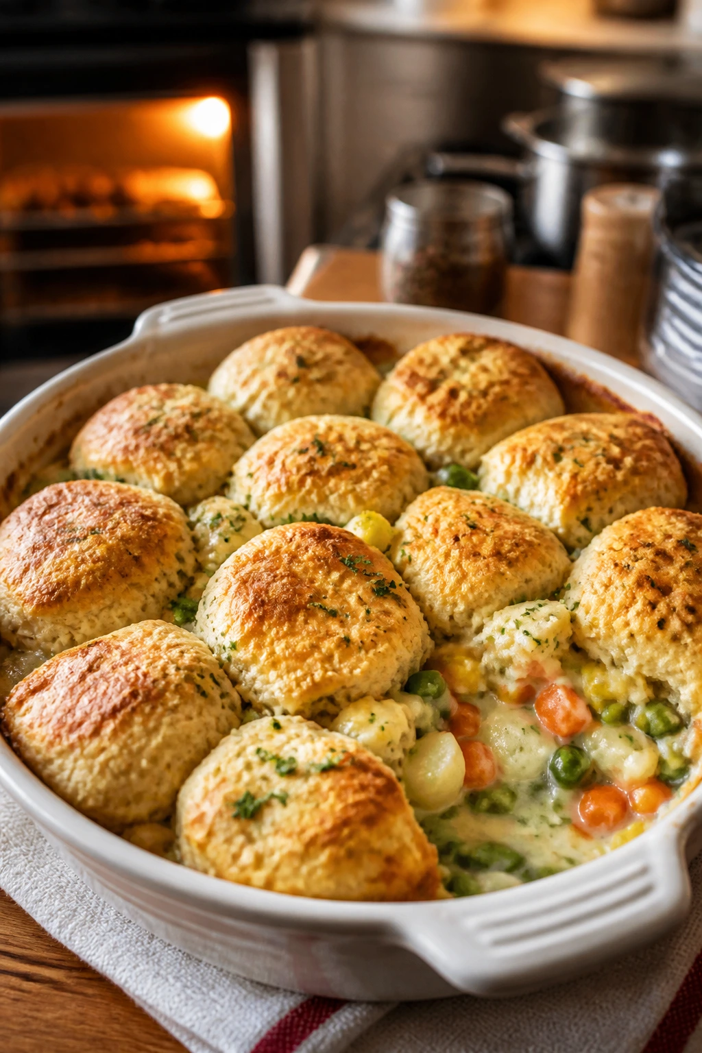 Baking dish with golden biscuit-topped vegetable pot pie in a warm kitchen
