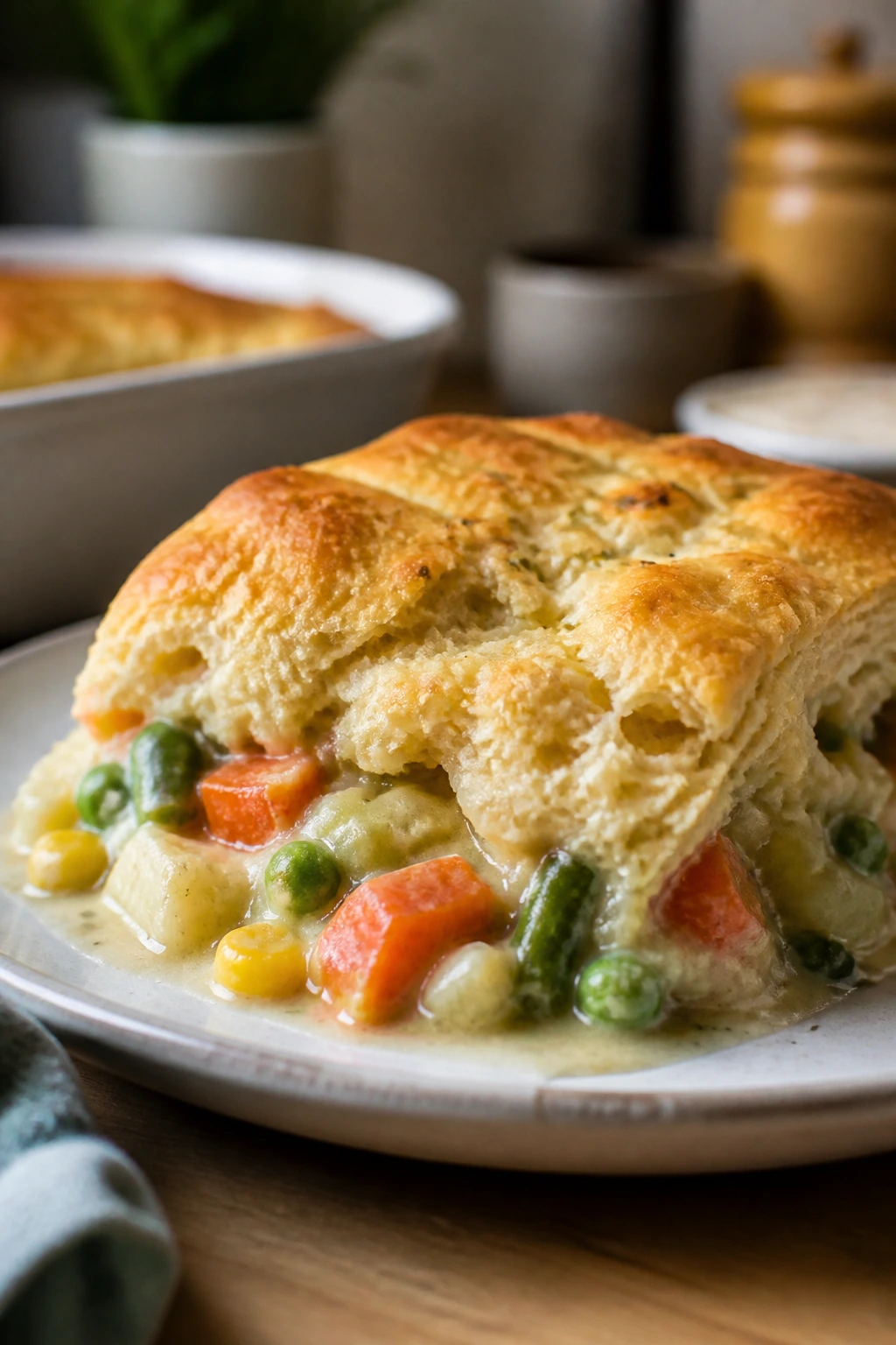 Wedge of vegetable pot pie with biscuit topping on plate