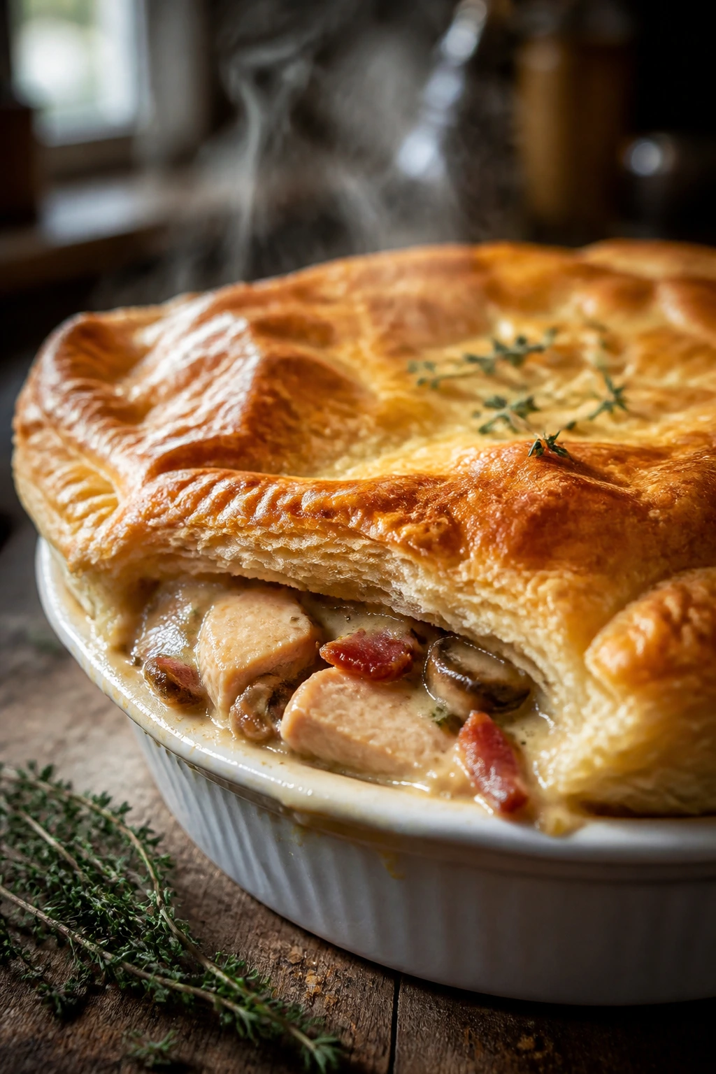 Close-up of chicken and bacon pot pie with puff pastry top on a rustic table