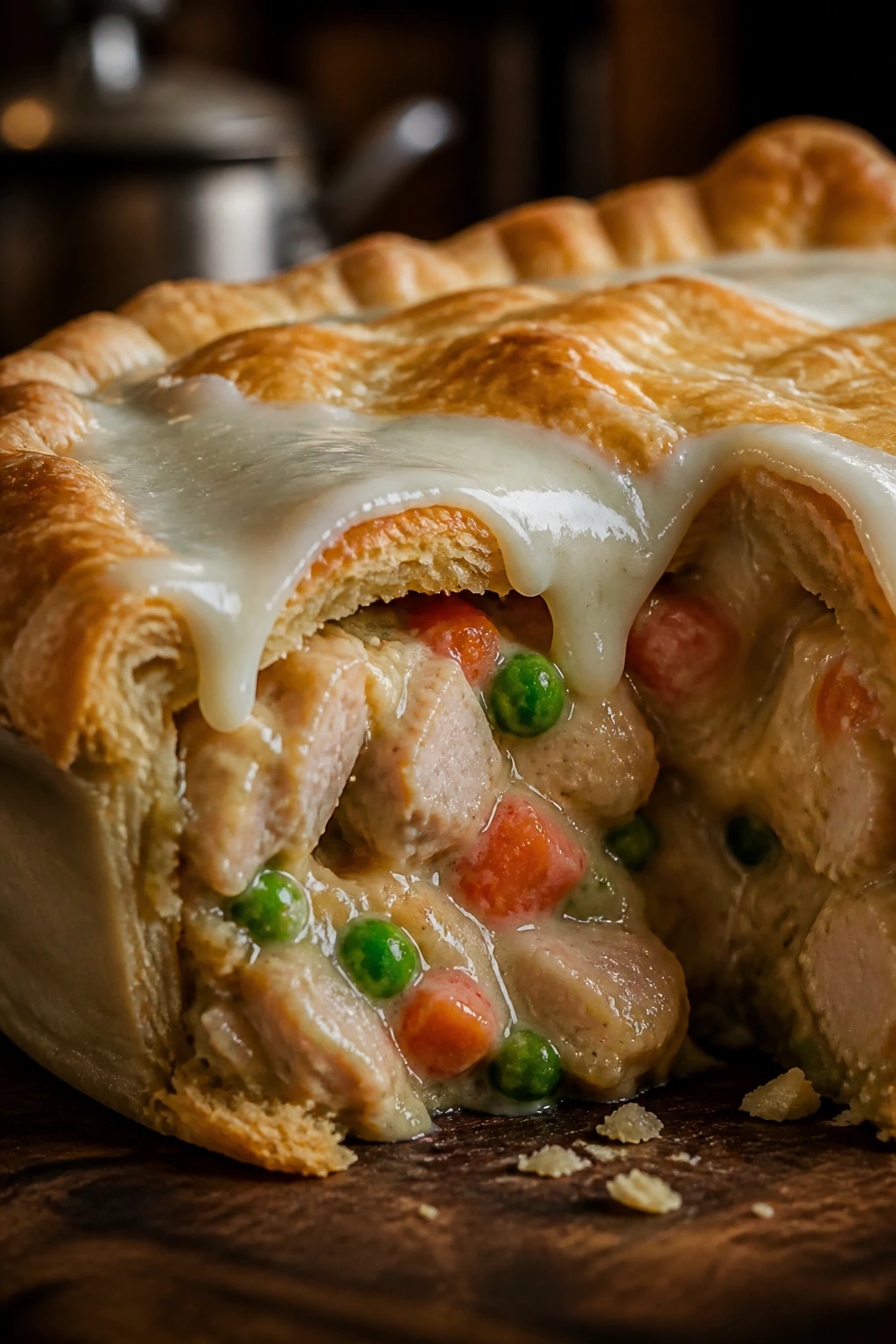 Cross-section of pot pie showing filling, crust, and frosting edge