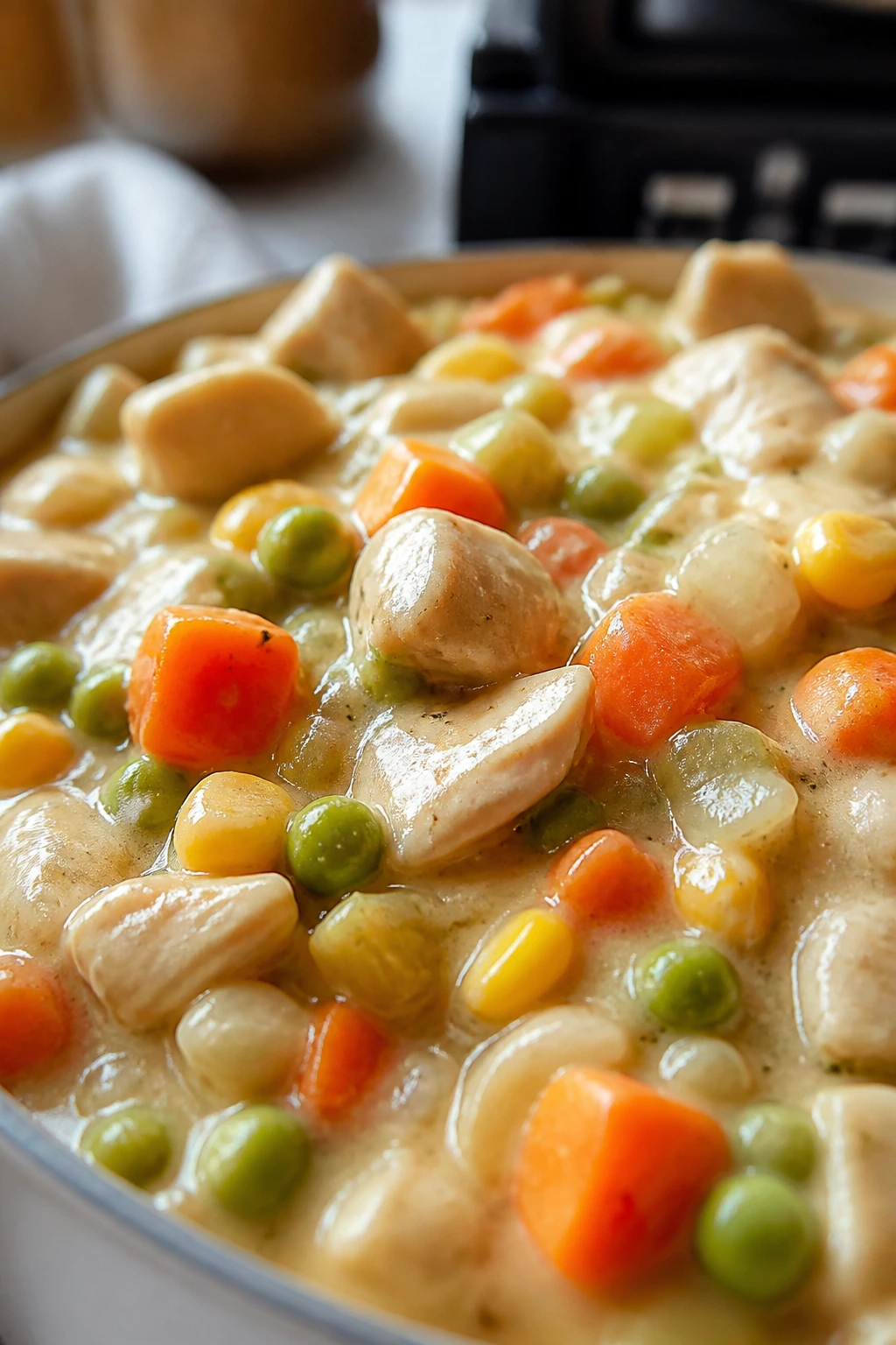 Close-up of pot pie filling showing chicken and vegetables