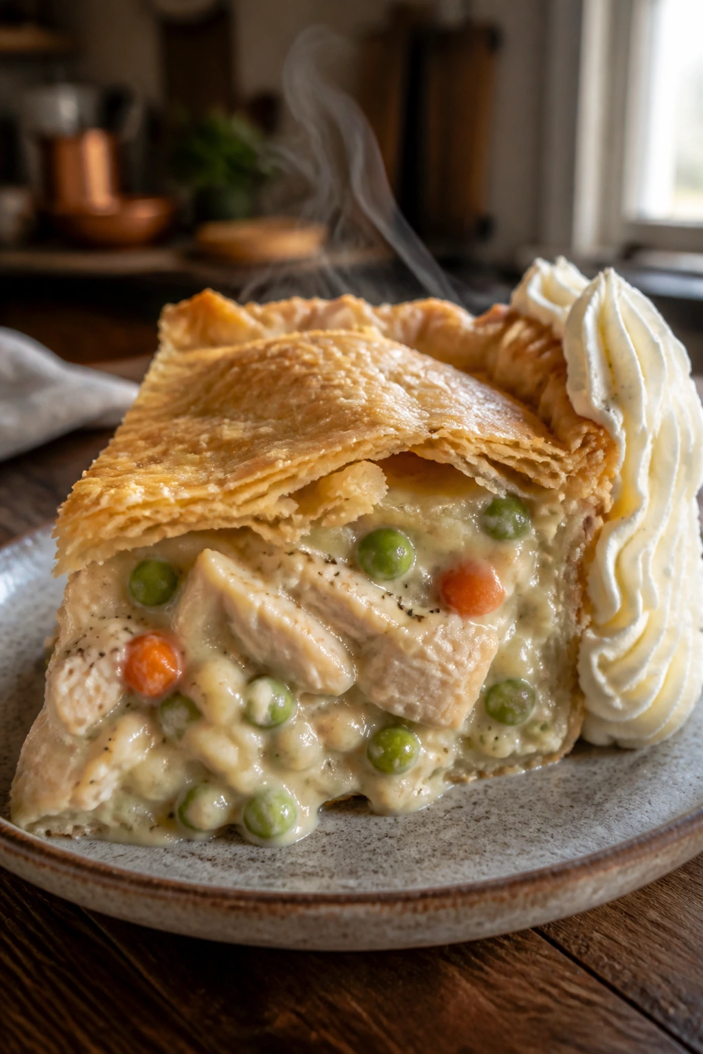 Close-up of thick creamy chicken pot pie slice with frosting edge in warm kitchen