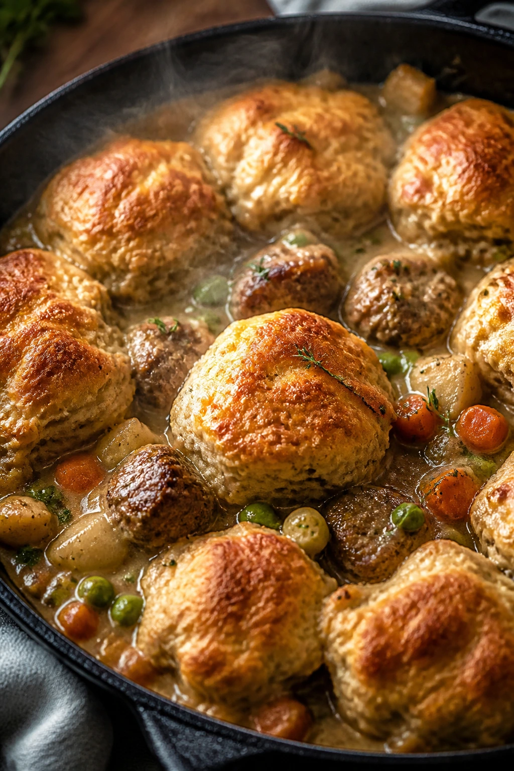 Skillet pot pie with meatballs and a flaky biscuit topping