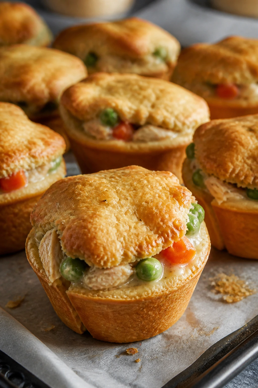 Close-up of chicken pot pie muffins with golden biscuit edges