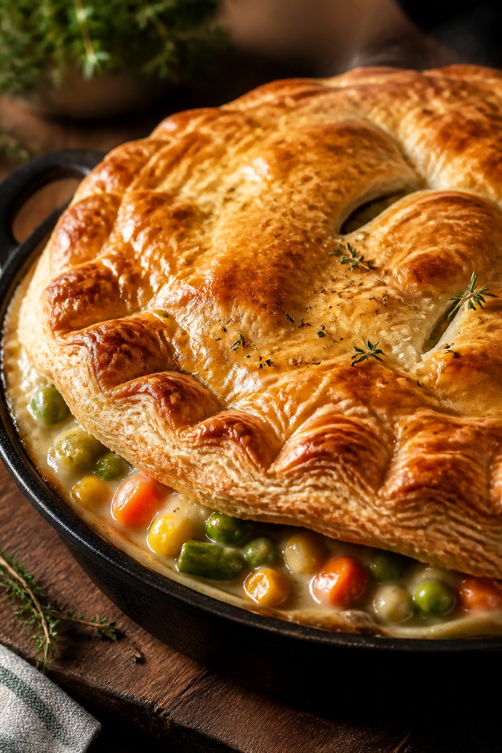 Golden puff pastry crust over bubbling veggie pot pie