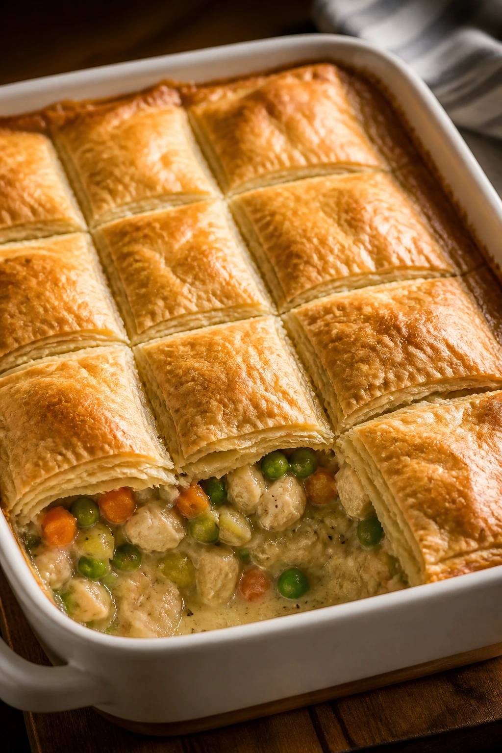 Close-up of a slab pot pie with golden pastry in a baking dish on a wooden counter