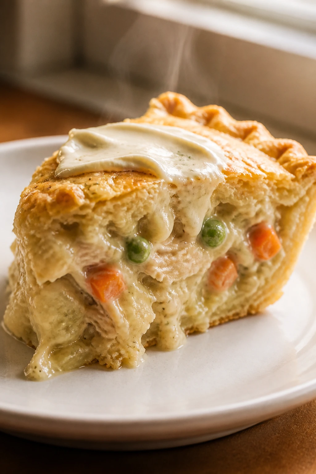 Single wedge of creamy pot pie on a plate.