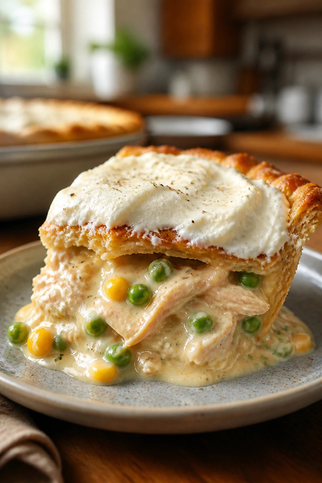 Plated slice of creamy chicken pot pie with thick filling and peas and corn