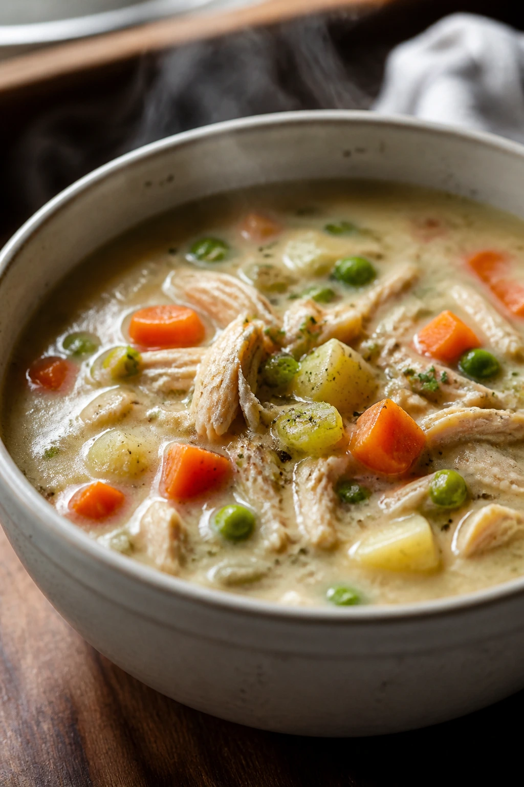 Creamy pot pie soup with vegetables in a bowl