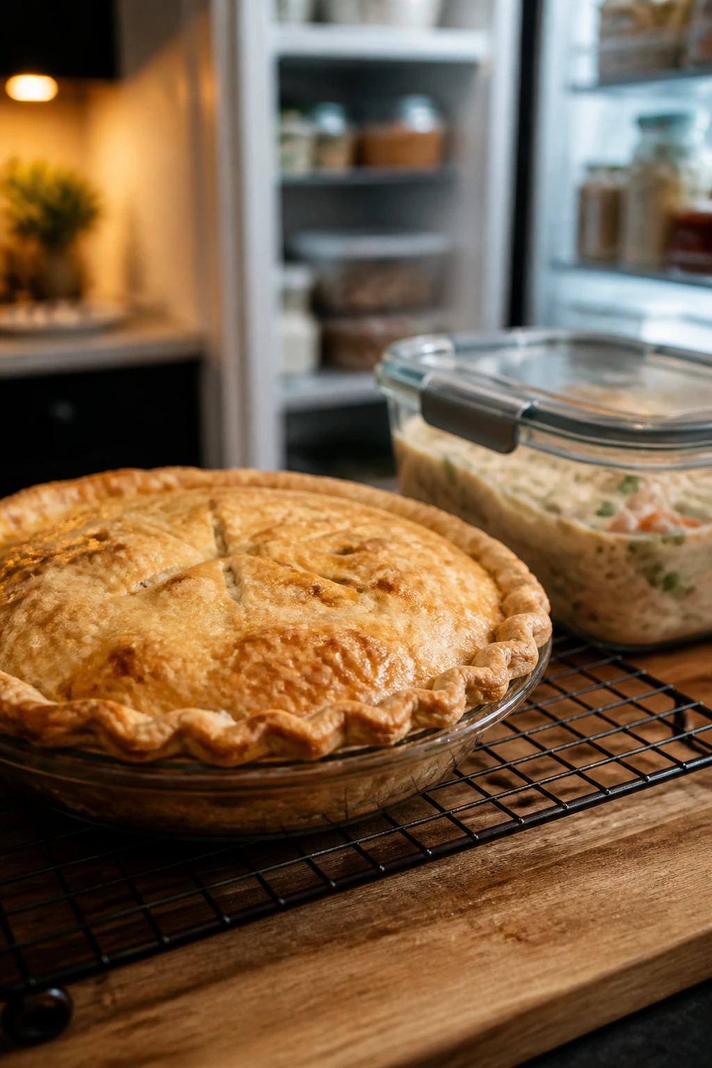 Close-up of chicken pot pie with storage container in warm kitchen