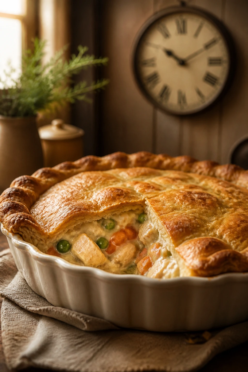 Cross-section of pot pie with golden crust and creamy filling, vintage clock in background