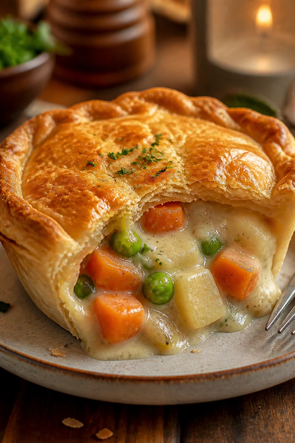 Single-serving vegetable pot pie with golden crust