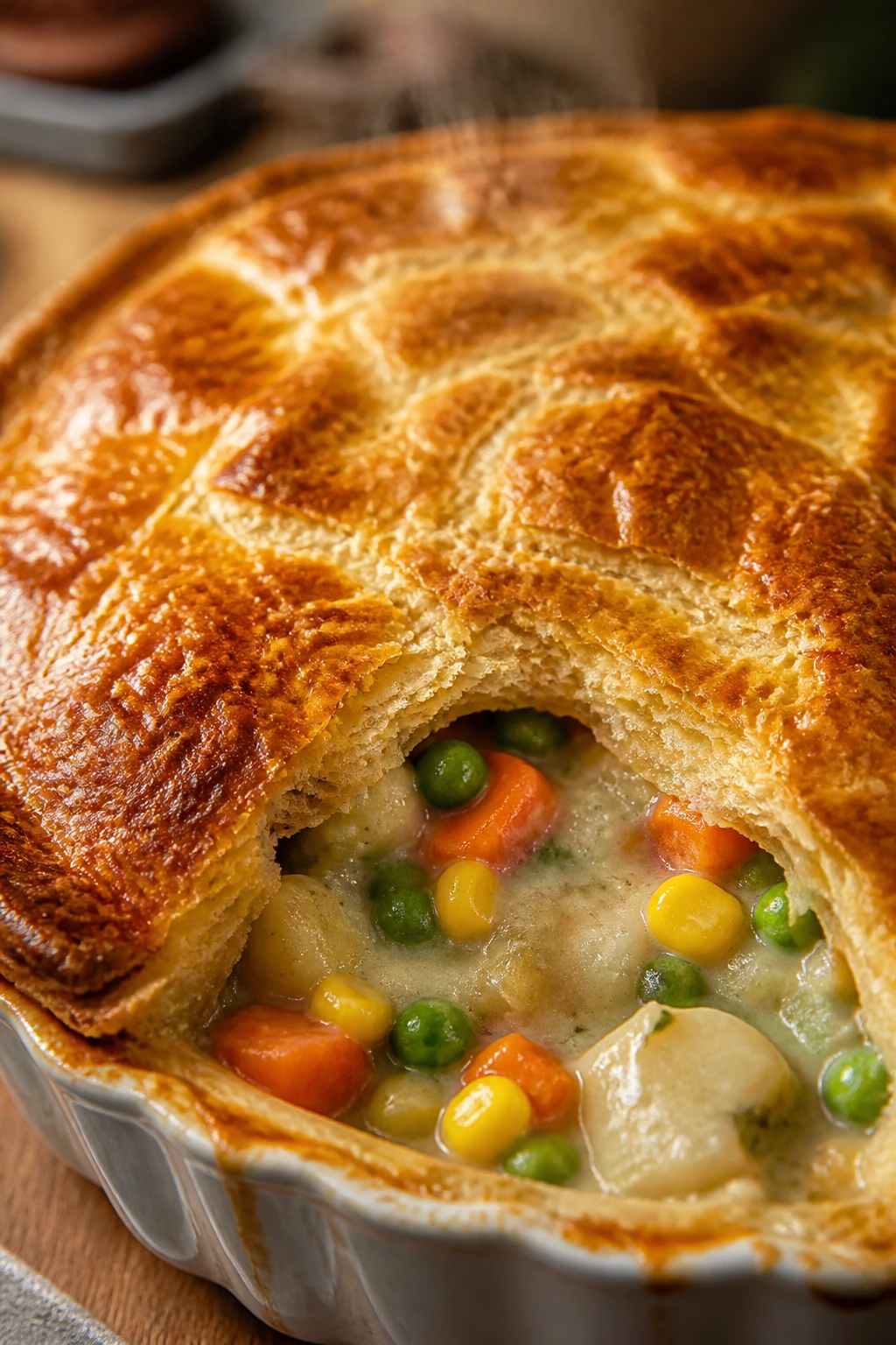 Golden crust Savory Vegetable Pot Pie in baking dish