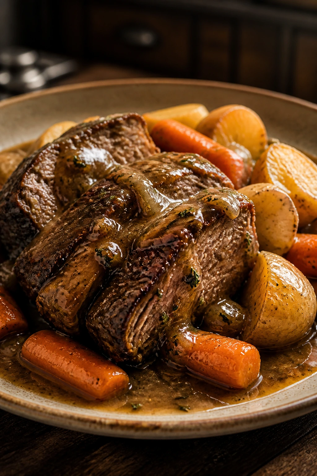 Plated beef chuck pot roast with carrots and potatoes in a rustic kitchen