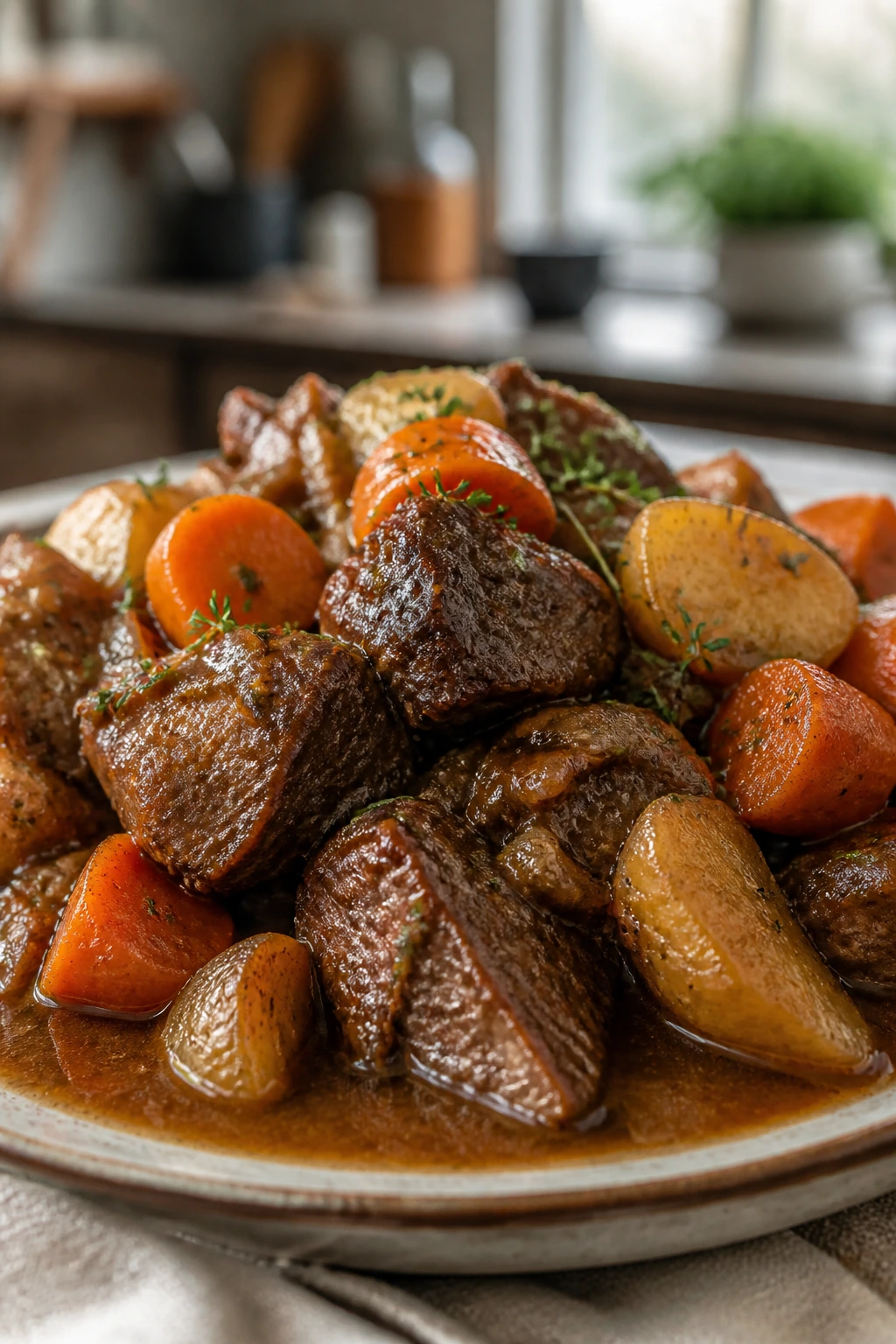 Tender pot roast with vegetables on a plate