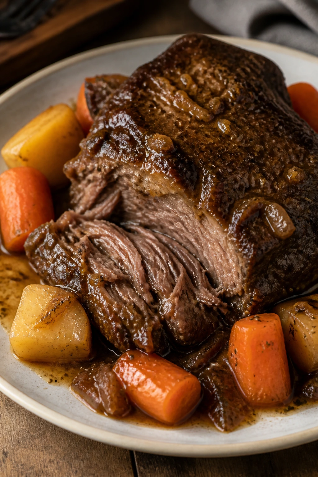Braised chuck roast with carrots and potatoes on a plate