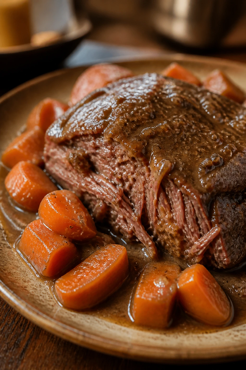 Close-up of pot roast with carrots and gravy on a rustic plate in a warm kitchen